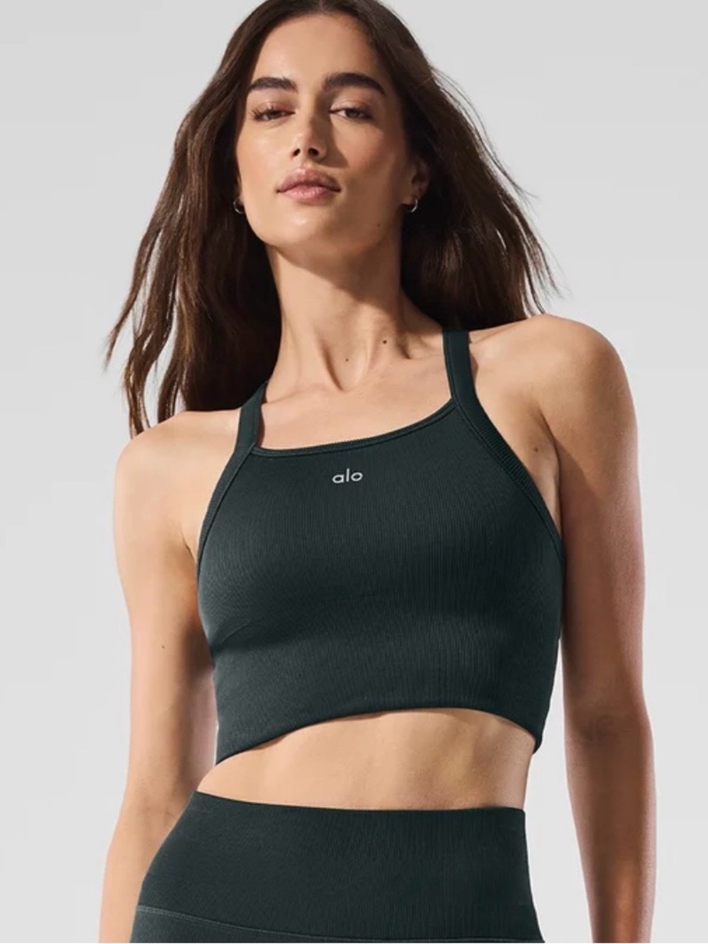 ALO Seamless Ribbed Favorite Bra Tank - Charcoal Green, no padding
